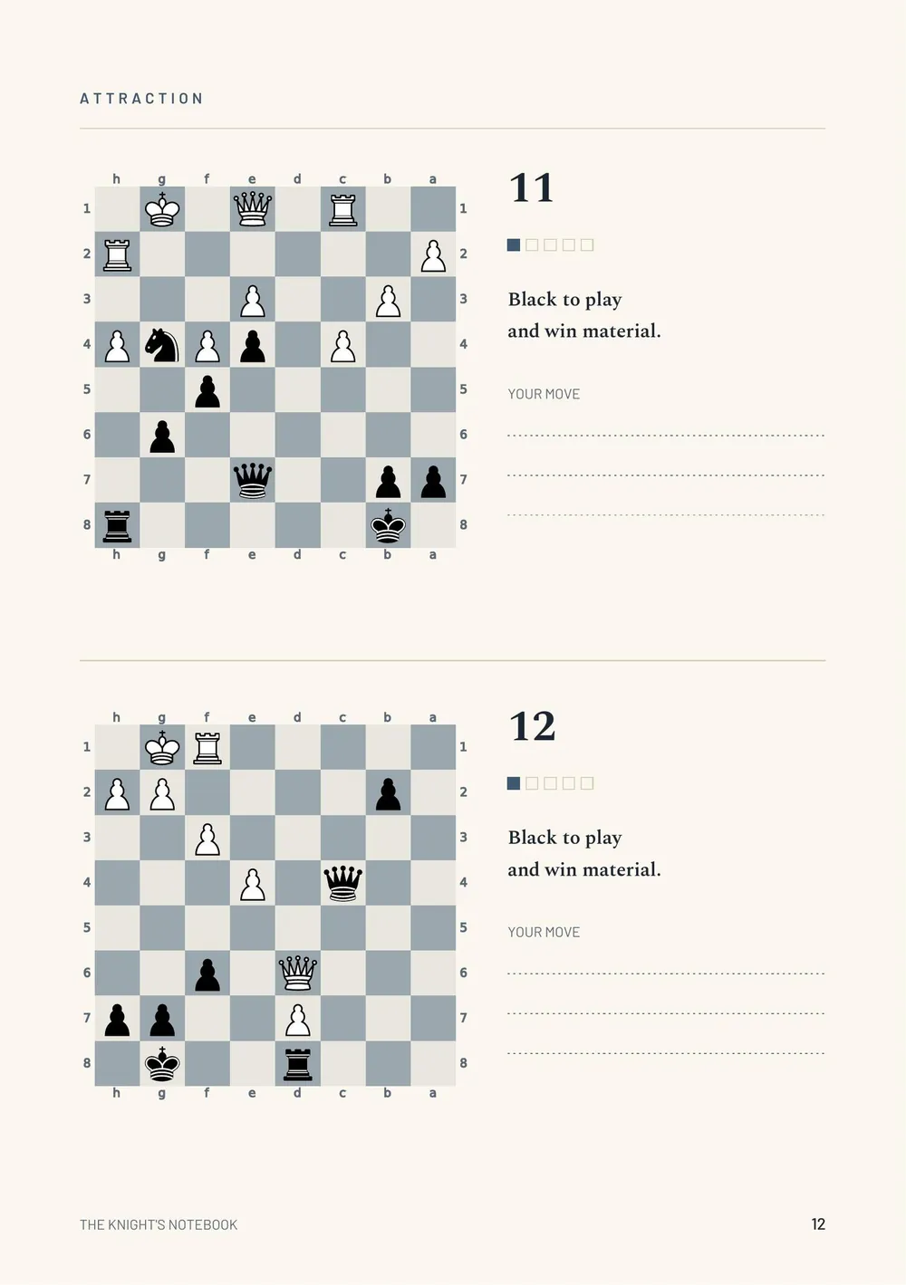 Page 12 of Advanced Book No. 1: two chess puzzles from the chapter Attraction