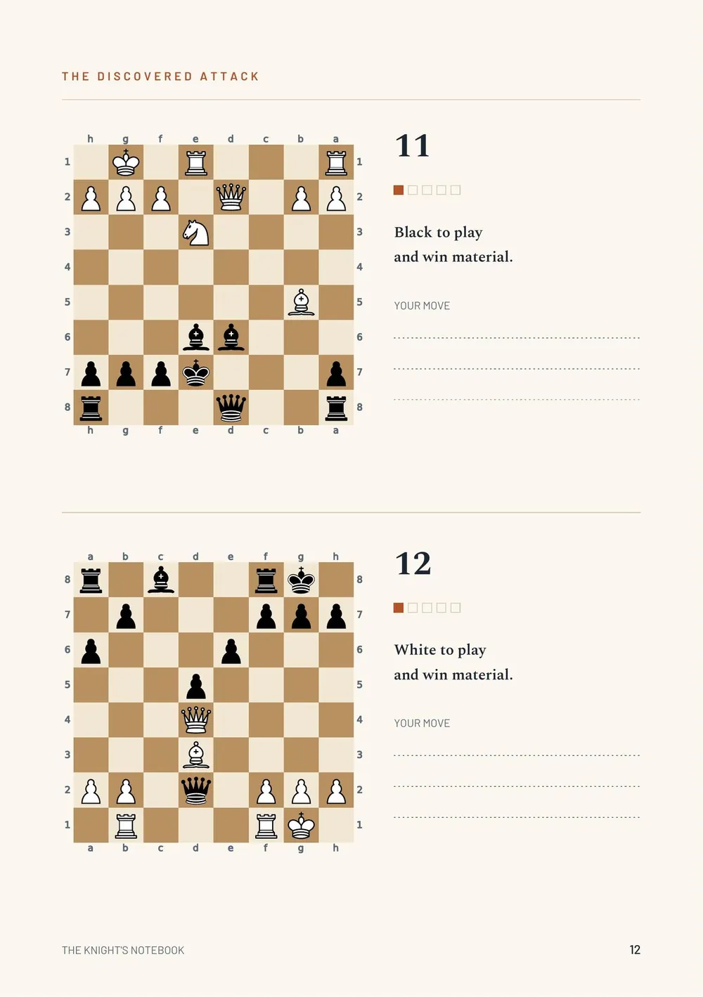 Page 12 of Intermediate Book No. 1: two chess puzzles from the chapter The discovered attack