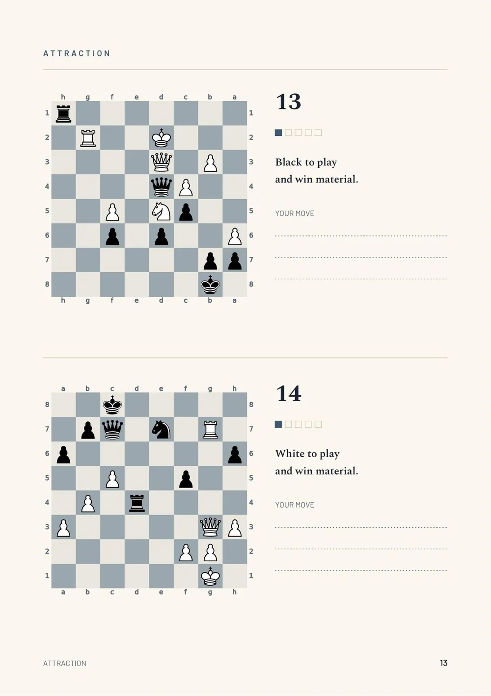 Page 13 of Advanced Book No. 1: two more puzzles, with lines to write your move